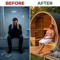 Paxton 4-Person Outdoor Cedar Traditional Wet/Dry Barrel Sauna with Porch, 9Kw Electric Heater, Wi-Fi, LED Lights — Before & After
