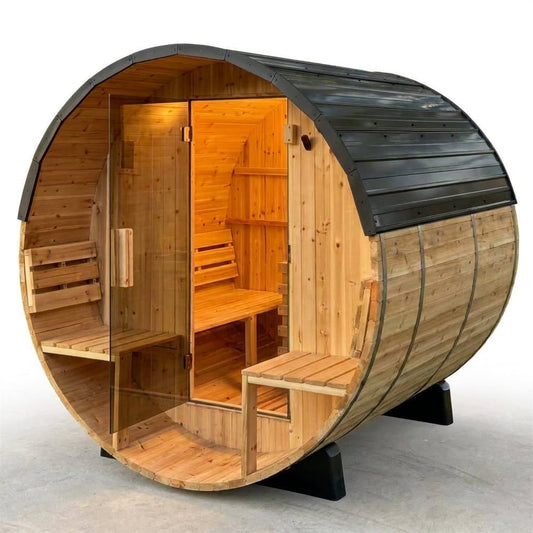 Paxton 4-Person Outdoor Cedar Traditional Wet/Dry Barrel Sauna with Porch, 9Kw Electric Heater, Wi-Fi, LED Lights — Studio Shot