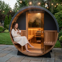 Paxton 4-Person Outdoor Cedar Traditional Wet/Dry Barrel Sauna with Porch, 9Kw Electric Heater, Wi-Fi, LED Lights — Lifestyle